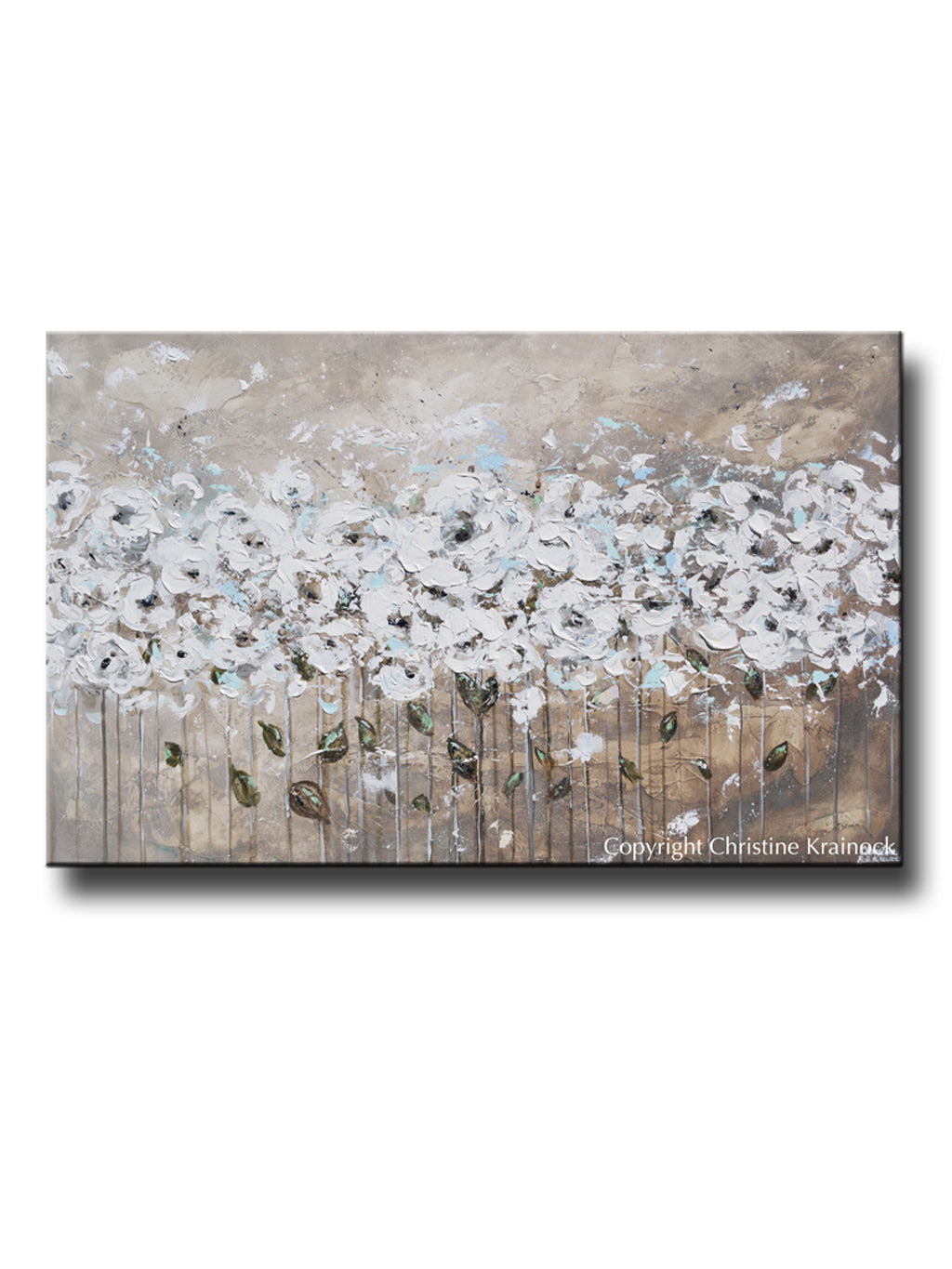 "Beautiful Moments" Original Art Abstract Painting Textured White Flowers Grey Taupe Blue Neutral