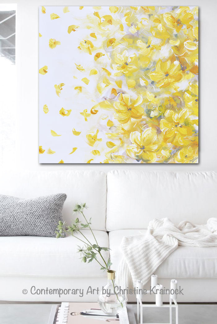 ORIGINAL Art Yellow Grey Abstract Painting Modern Floral Gold White Flowers Fall Leaves Neutral Wall Decor XL 40x40"