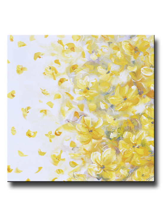 ORIGINAL Art Yellow Grey Abstract Painting Modern Floral Gold White Flowers Fall Leaves Neutral Wall Decor XL 40x40"