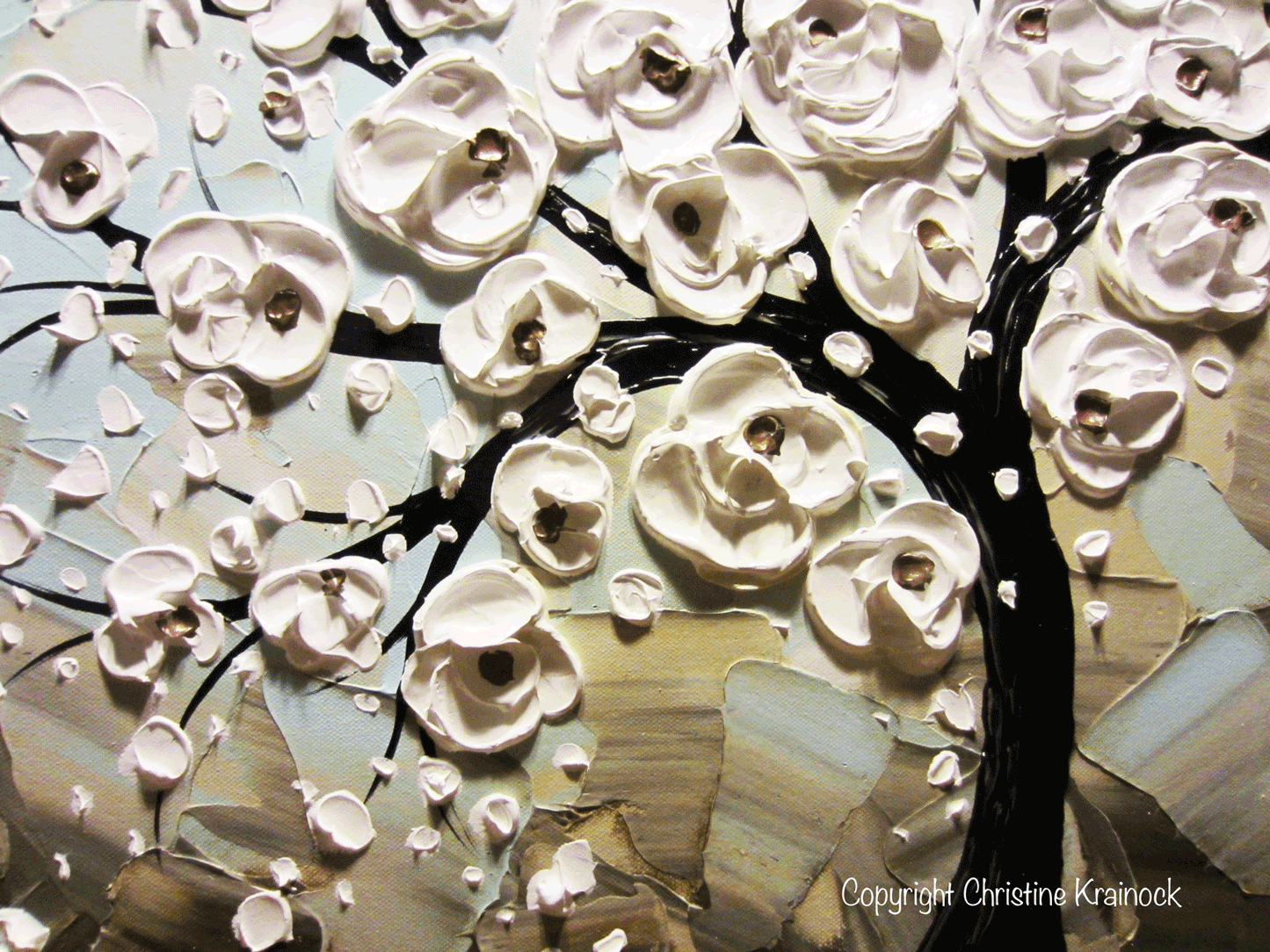 ORIGINAL Art Abstract Painting White Flowering Cherry Tree Blossoms Textured Blue Grey Taupe Canvas - Christine Krainock Art - Contemporary Art by Christine - 4