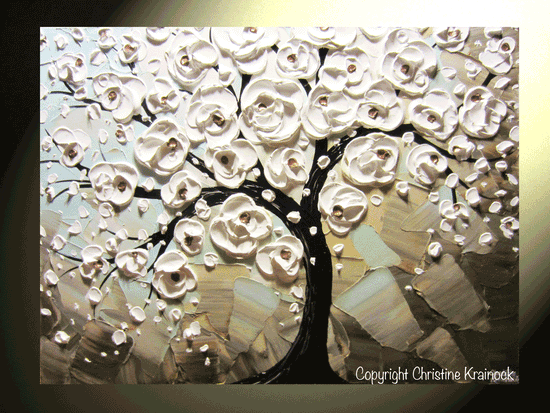 ORIGINAL Art Abstract Painting White Flowering Cherry Tree Blossoms Textured Blue Grey Taupe Canvas - Christine Krainock Art - Contemporary Art by Christine - 5
