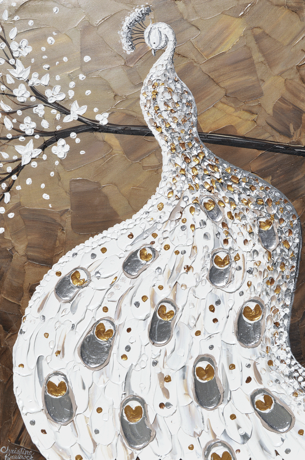 GICLEE PRINT Art White Peacock Painting Abstract Large Canvas Prints Blossoms Brown Silver Gold - Christine Krainock Art - Contemporary Art by Christine - 4