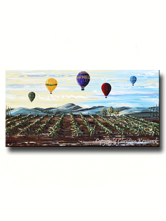 ORIGINAL Art Abstract Painting Vineyard Hot Air Balloons Landscape Wine Decor Palette Knife Impasto - Christine Krainock Art - Contemporary Art by Christine - 1