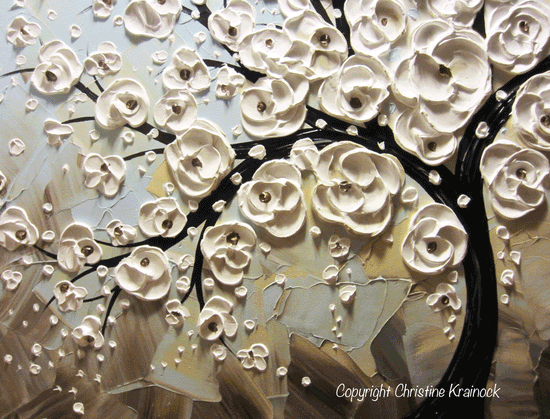 ORIGINAL Art Abstract Painting White Flowering Cherry Tree Blossoms Textured Trees Blue Grey Taupe - Christine Krainock Art - Contemporary Art by Christine - 4
