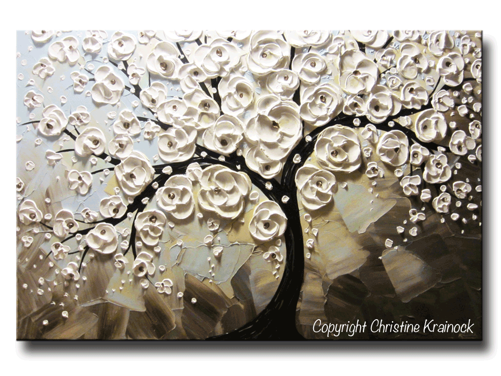 ORIGINAL Art Abstract Painting White Flowering Cherry Tree Blossoms Textured Trees Blue Grey Taupe - Christine Krainock Art - Contemporary Art by Christine - 3