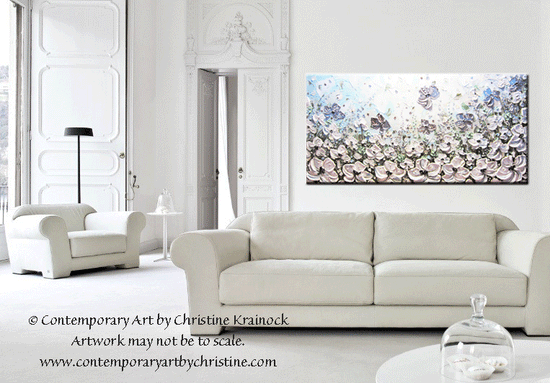 ORIGINAL Art Abstract Painting White Poppy Flowers Blue Grey Silver Poppies Textured Large Wall Art - Christine Krainock Art - Contemporary Art by Christine - 2