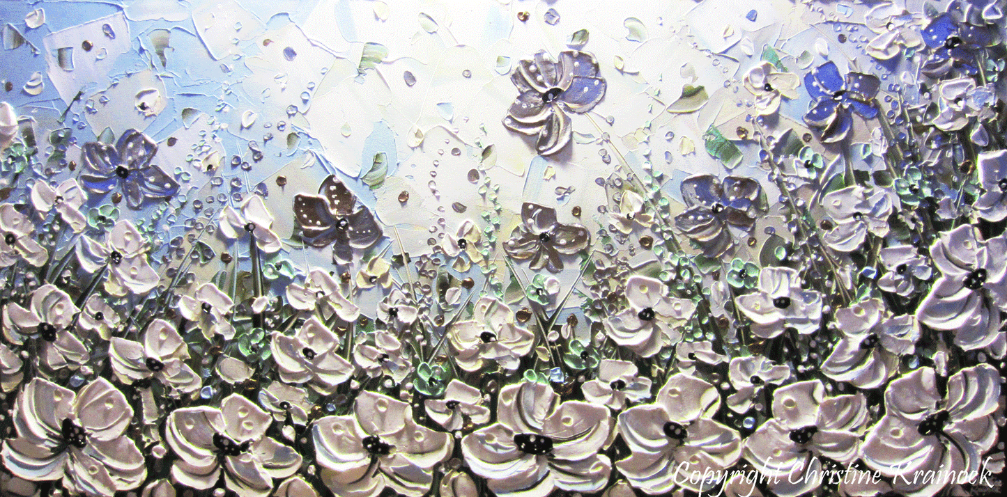 ORIGINAL Art Abstract Painting White Poppy Flowers Blue Grey Silver Poppies Textured Large Wall Art - Christine Krainock Art - Contemporary Art by Christine - 3