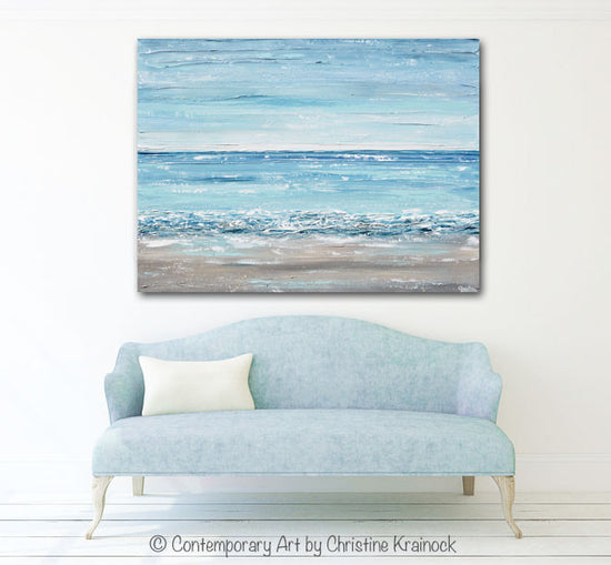 ORIGINAL Art Abstract Painting Textured Seascape Beach Ocean Blue White Grey Beige LARGE Canvas Coastal Home Decor Wall Art 36x48"