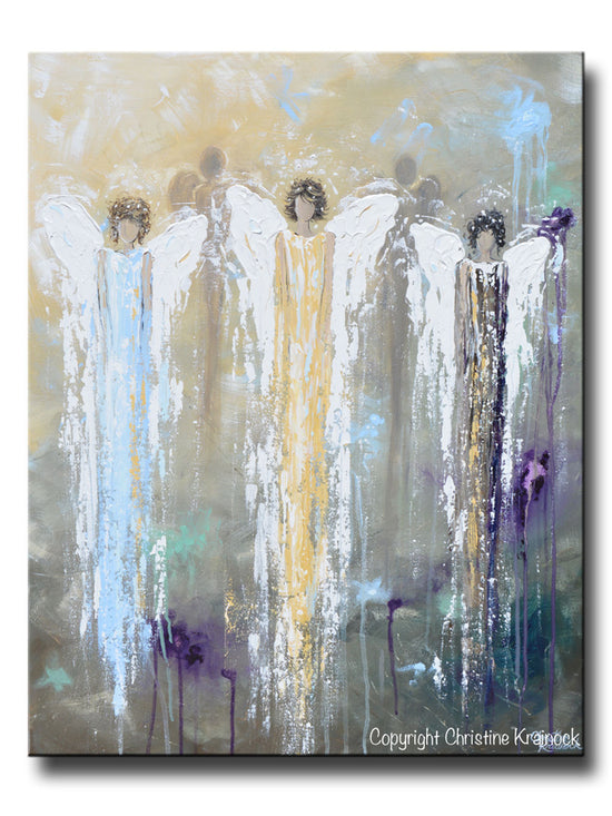 ORIGINAL Abstract Angel Painting White Blue Gold 3 Guardian Angels Art Textured Spiritual Wall Art - Christine Krainock Art - Contemporary Art by Christine - 1