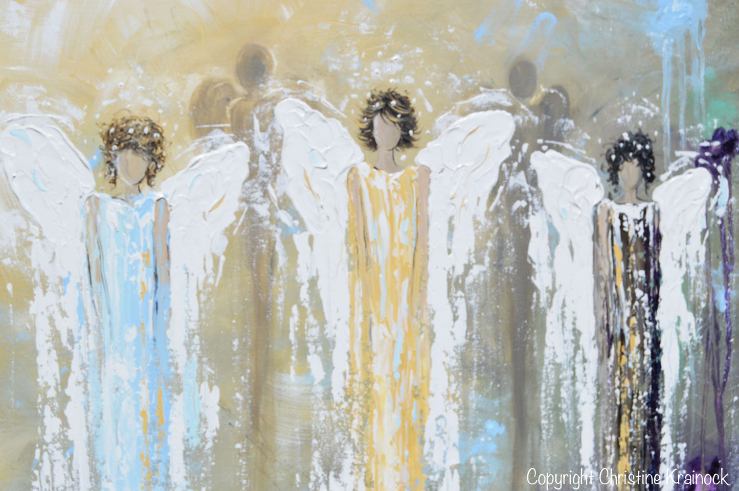 GICLEE PRINT Abstract Angel Painting 3 Guardian Angels Blue Gold Inspirational Spiritual Wall Art - Christine Krainock Art - Contemporary Art by Christine - 3