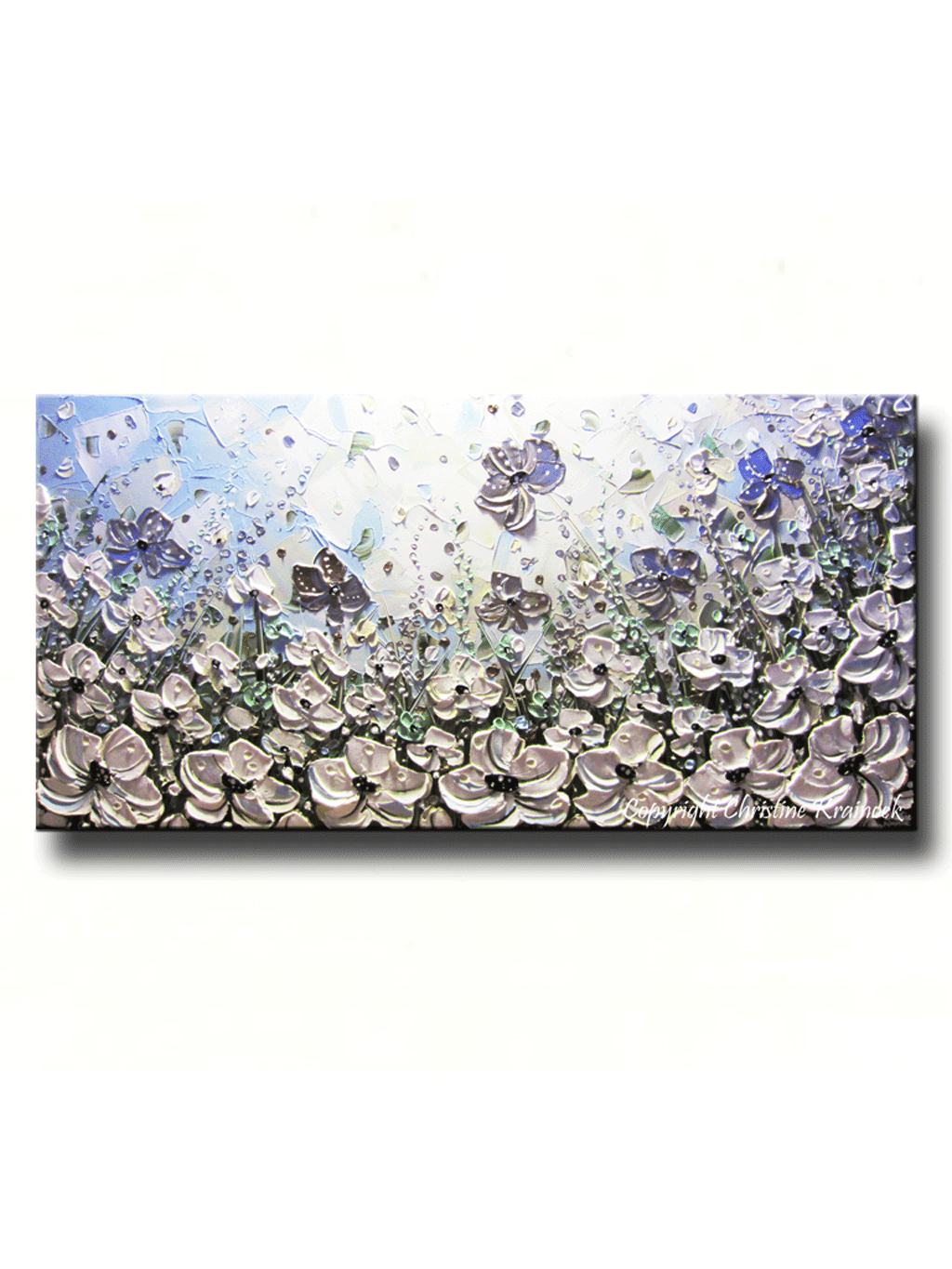 ORIGINAL Art Abstract Painting White Poppy Flowers Blue Grey Silver Poppies Textured Large Wall Art - Christine Krainock Art - Contemporary Art by Christine - 1