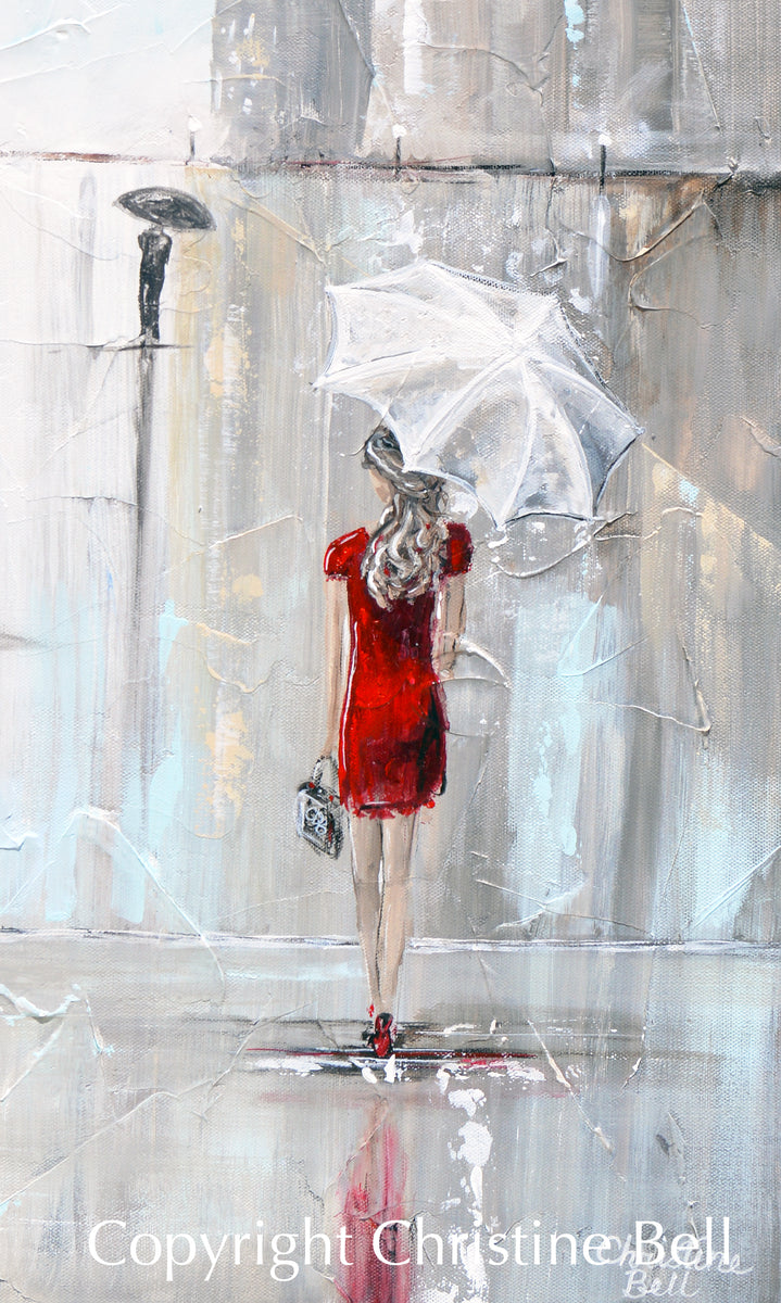 ORIGINAL Art Abstract Painting Fashion Woman Red Dress Umbrella Girl –  Contemporary Art by Christine