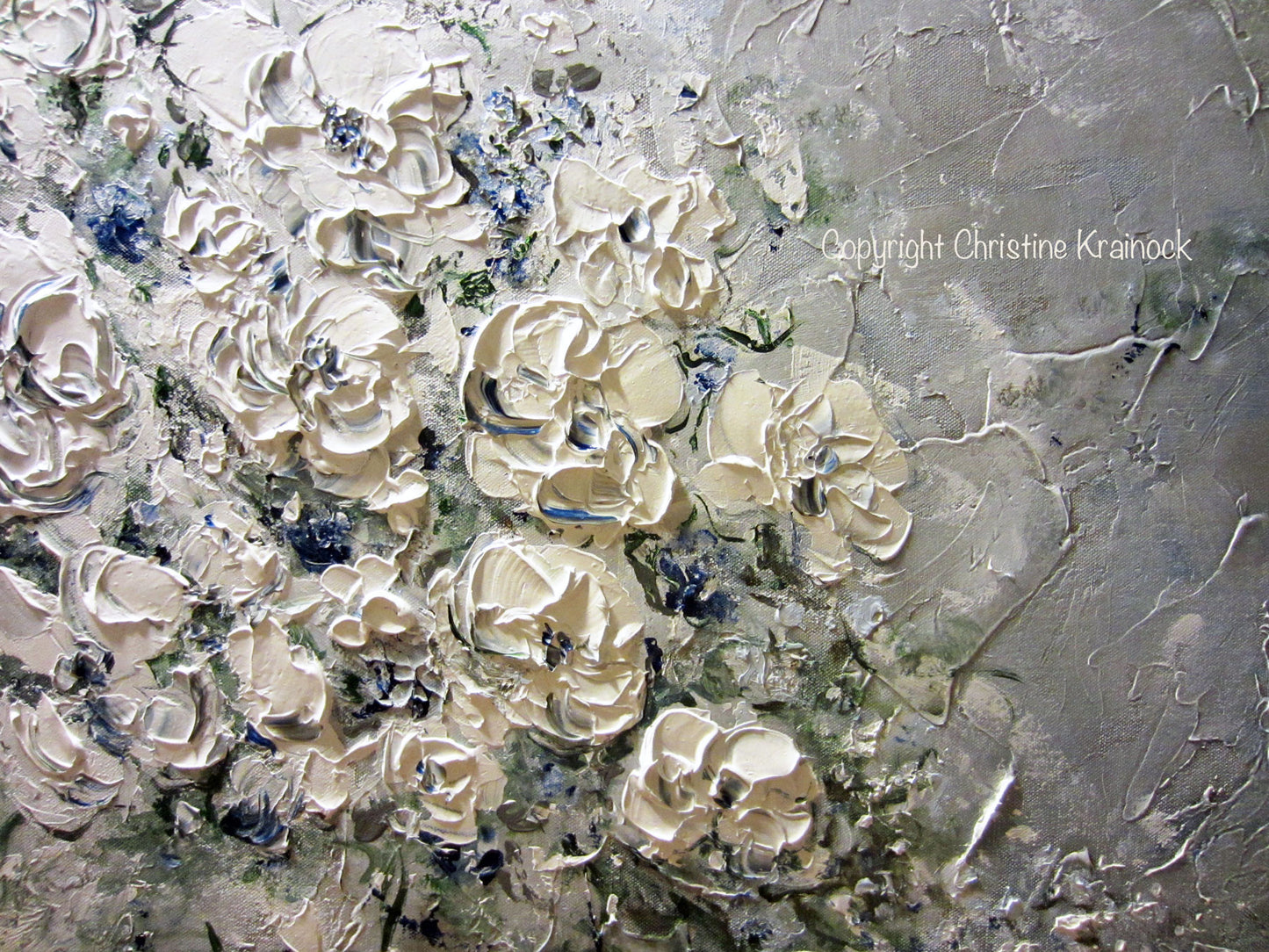 ORIGINAL Art Abstract Floral Painting White Flowers Bouquet Coastal Grey Blue Wall Art - Christine Krainock Art - Contemporary Art by Christine - 5