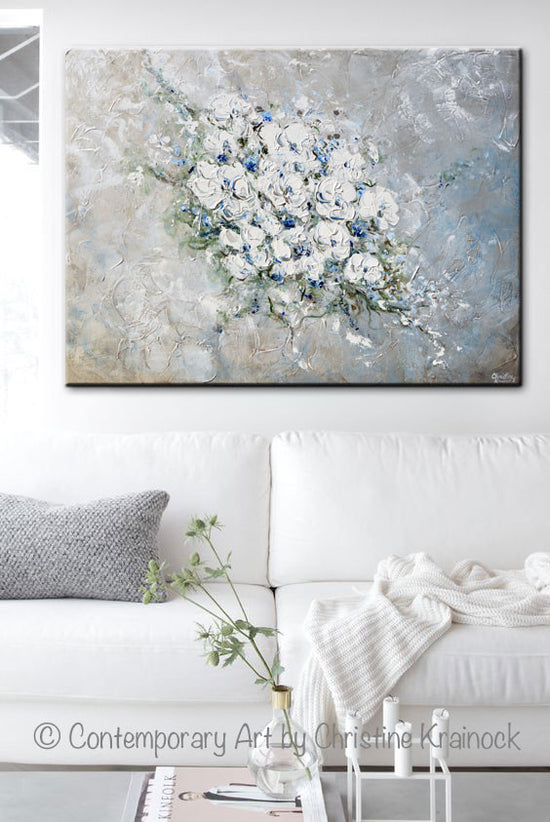 ORIGINAL Art Abstract Floral Painting White Flowers Bouquet Coastal Grey Blue Wall Art - Christine Krainock Art - Contemporary Art by Christine - 2
