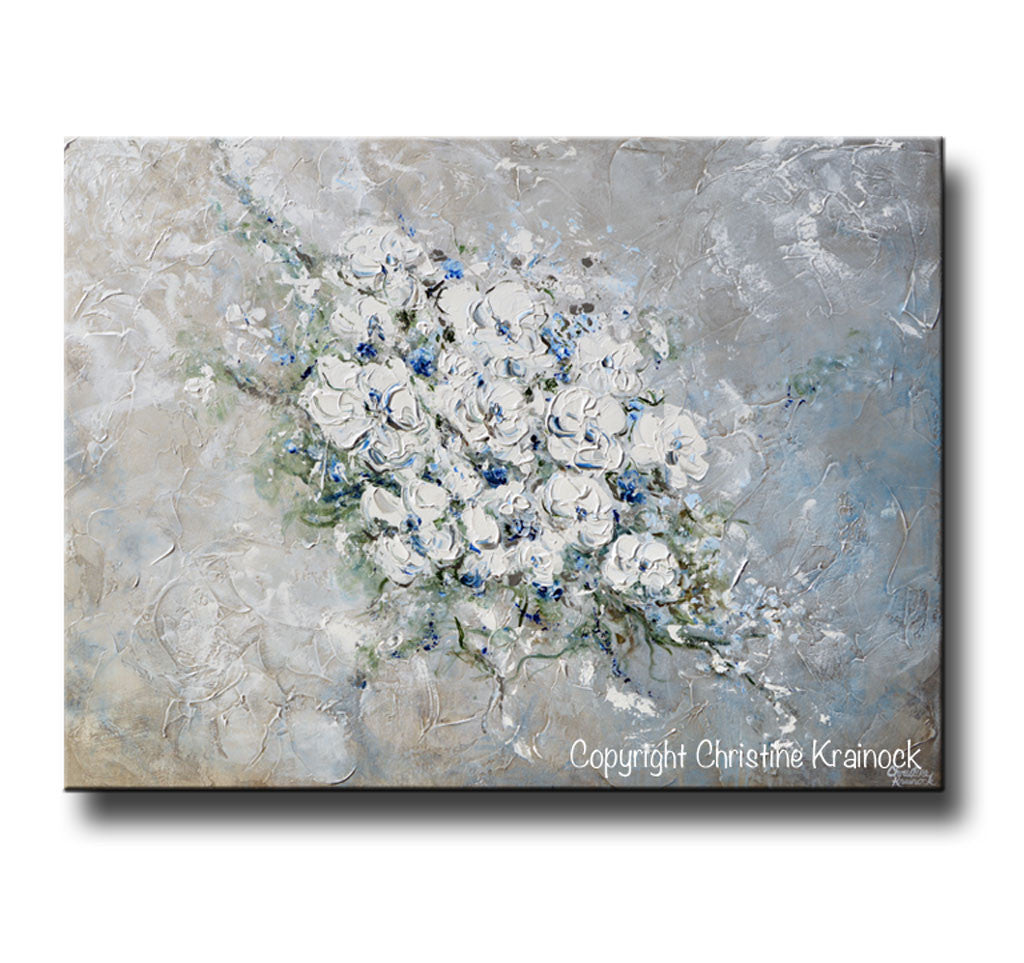 ORIGINAL Art Abstract Floral Painting White Flowers Bouquet Coastal Grey Blue Wall Art - Christine Krainock Art - Contemporary Art by Christine - 3
