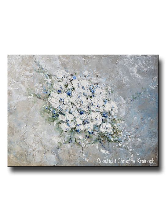ORIGINAL Art Abstract Floral Painting White Flowers Bouquet Coastal Grey Blue Wall Art - Christine Krainock Art - Contemporary Art by Christine - 1