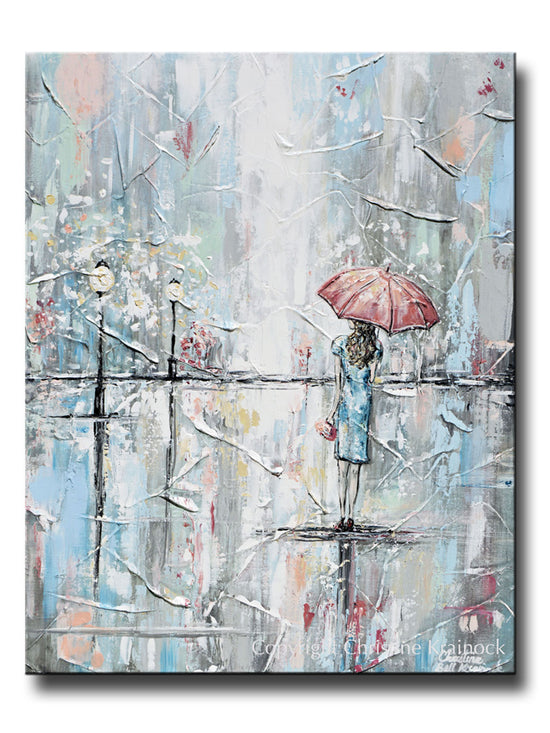 ORIGINAL Art Abstract Painting Girl w Umbrella Walking in Rain Textured Blue Grey White Wall Art Home Decor 24x30"