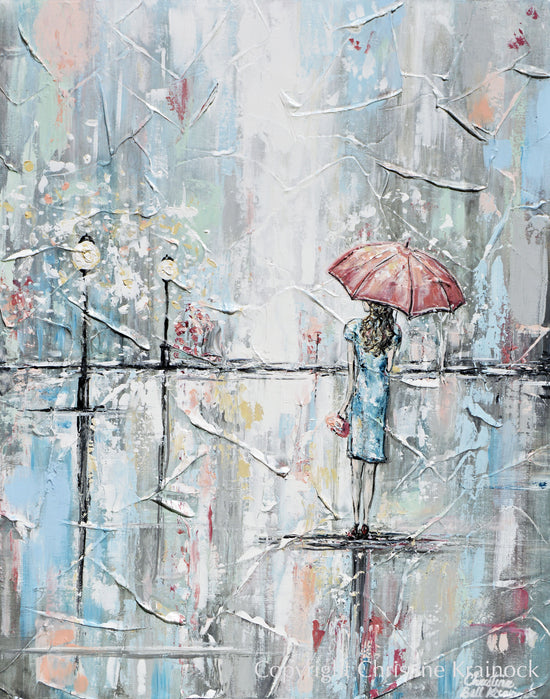 GICLEE PRINT Art Abstract Painting Girl Umbrella Walking Rain Blue Grey White Pink Wall Art Home Decor