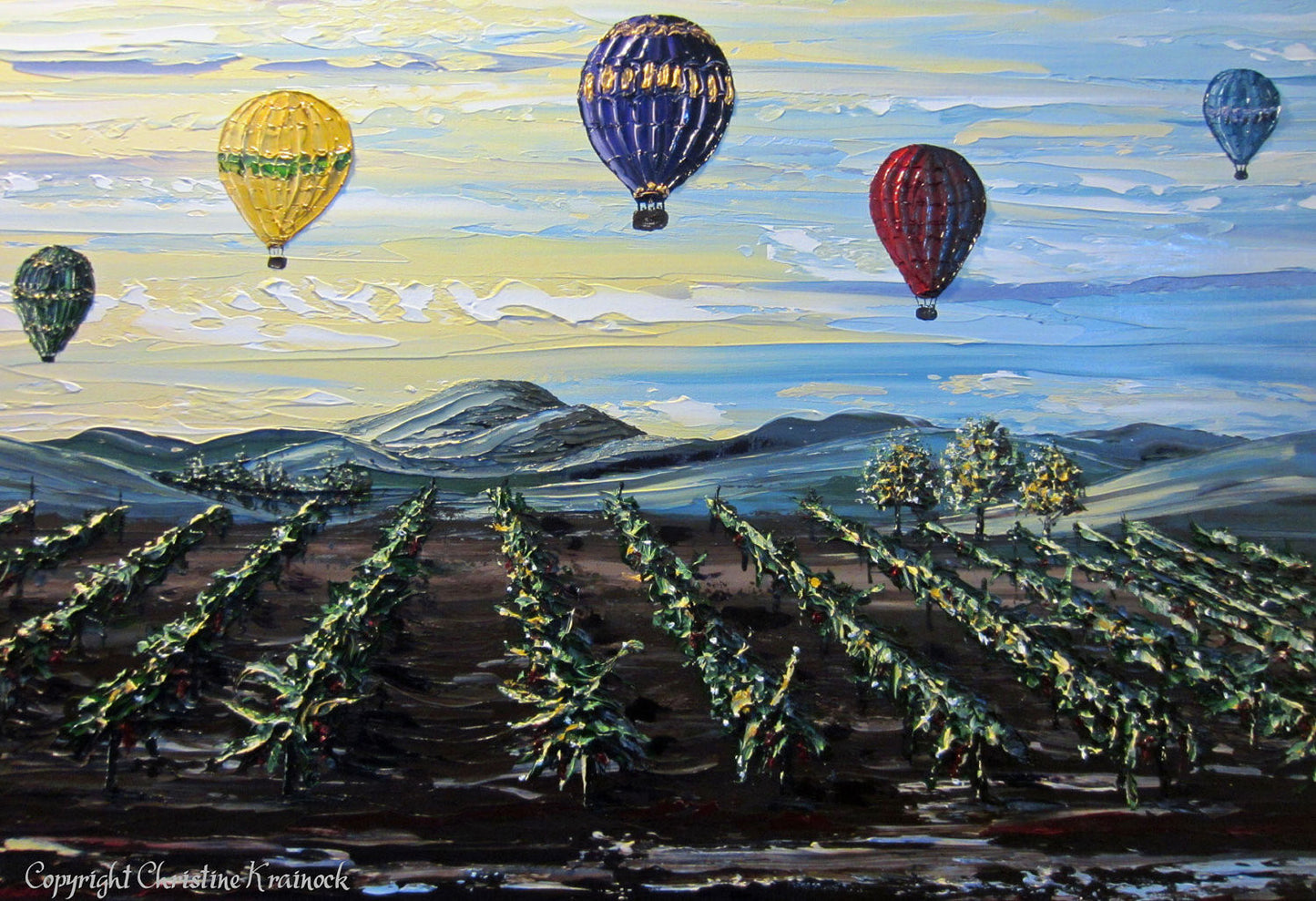 ORIGINAL Art Abstract Painting Vineyard Hot Air Balloons Landscape Wine Decor Palette Knife Impasto - Christine Krainock Art - Contemporary Art by Christine - 3