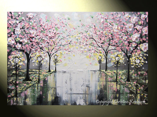 SOLD Original Art Abstract Painting Pink White Cherry Tree Blossoms Park Textured Wall Decor Palette Knife Grey Yellow - Christine - Christine Krainock Art - Contemporary Art by Christine - 1