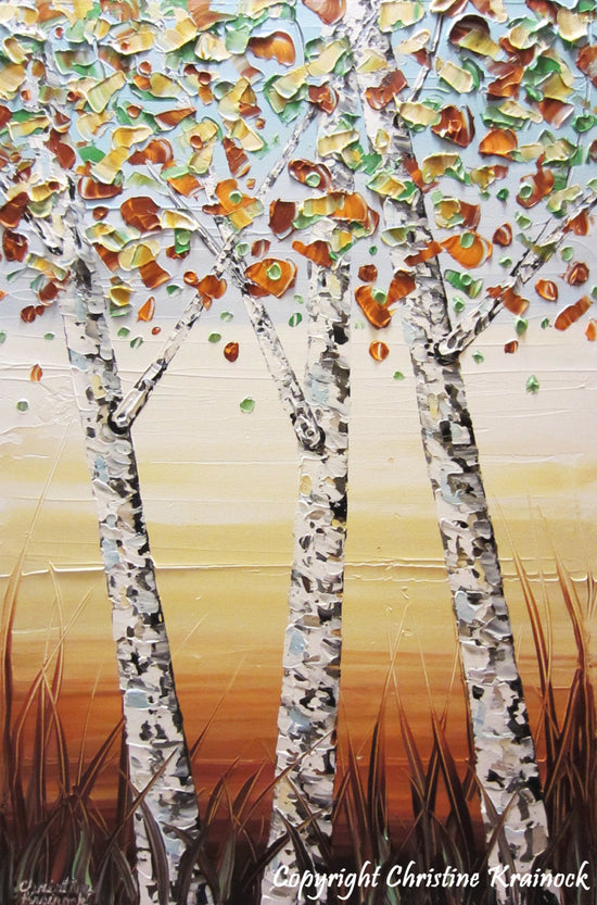 SOLD Original Art Abstract Painting Birch Trees Textured Modern Palette Knife Autumn Tree Landscape Wall Decor White Gold Large  -Christine - Christine Krainock Art - Contemporary Art by Christine - 3