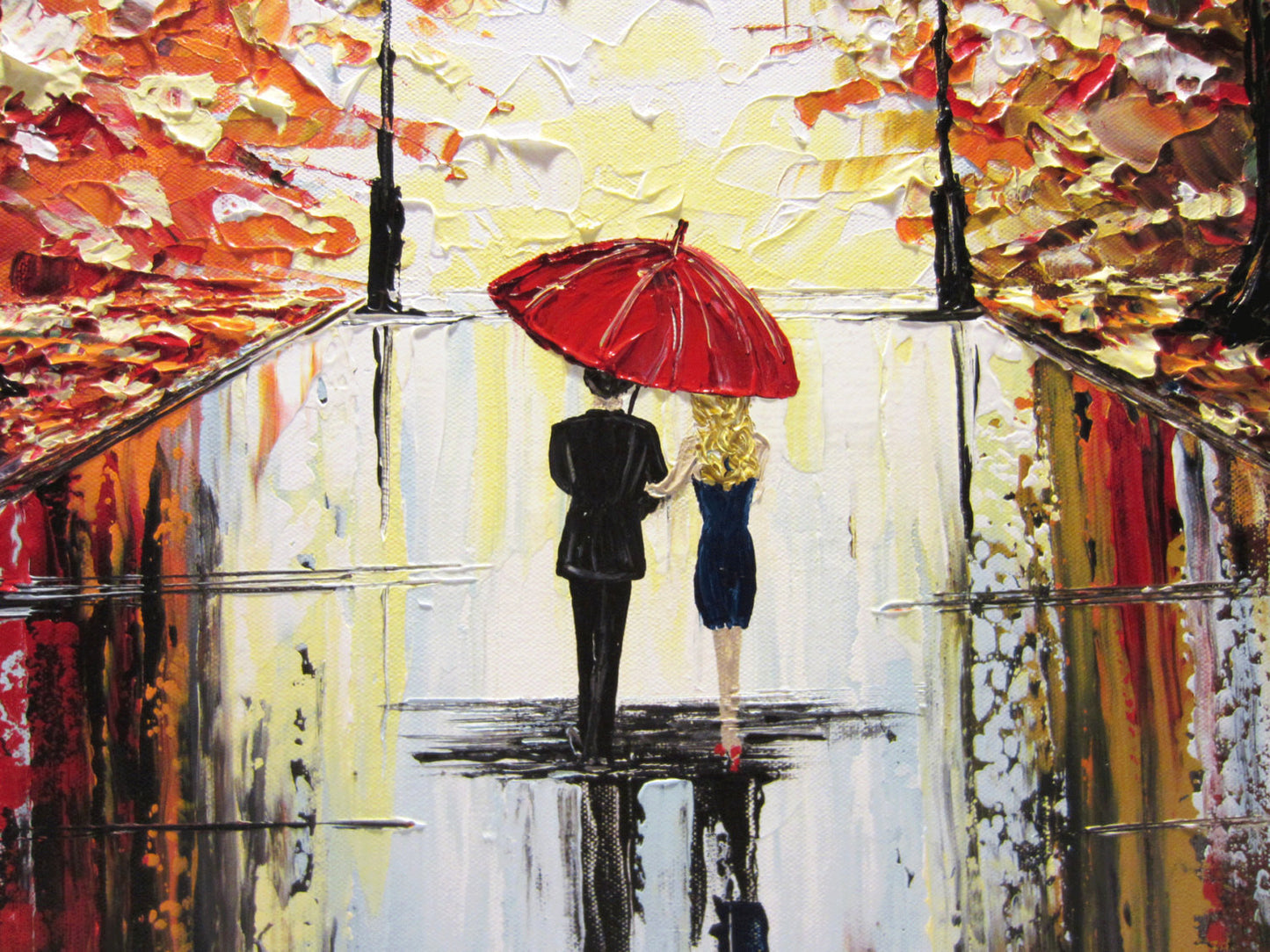 SOLD Original Art Abstract Painting Couple Red Umbrella Trees Rain Modern Landscape Textured Palette Knife Large Summer  -Christine Krainock - Christine Krainock Art - Contemporary Art by Christine - 4