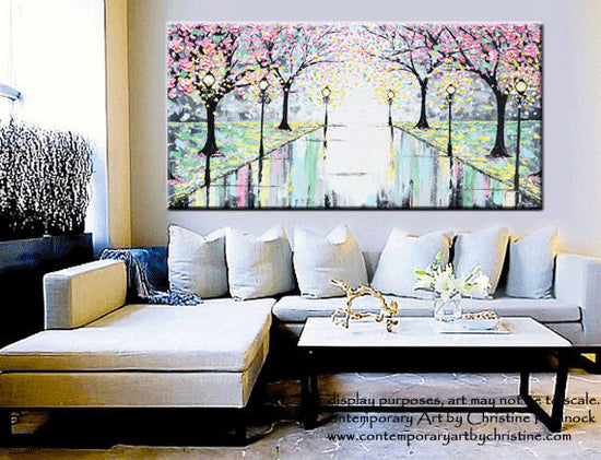 GICLEE PRINT Abstract Art Painting Pink Cherry Trees Canvas Prints Grey Yellow White-sizes up to 60" - Christine Krainock Art - Contemporary Art by Christine - 3