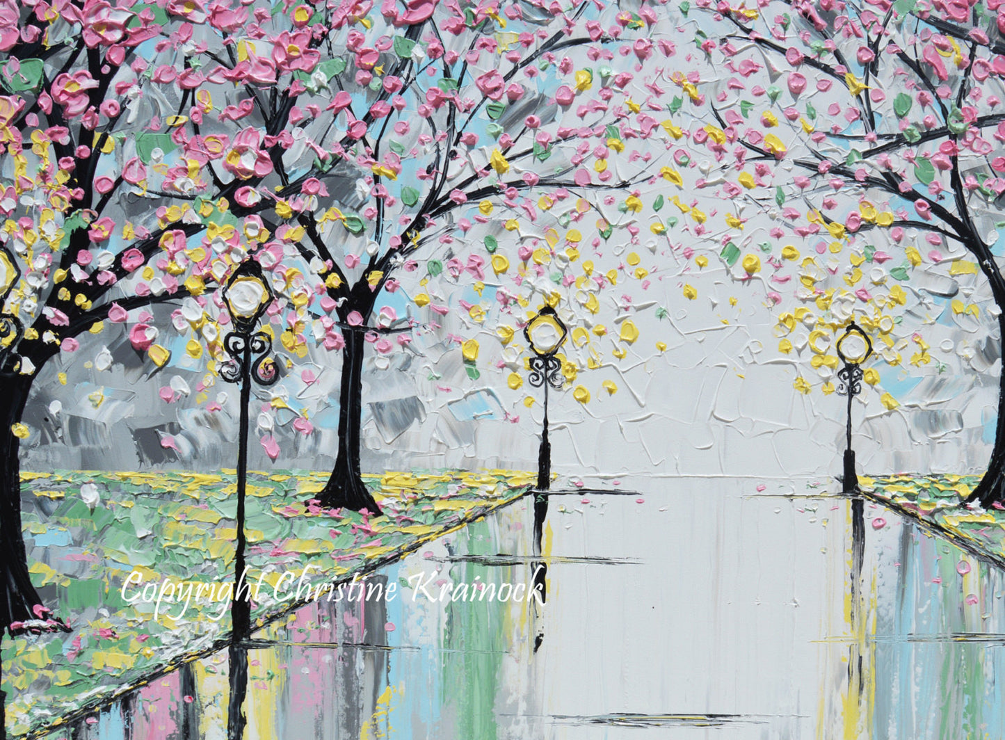 GICLEE PRINT Abstract Art Painting Pink Cherry Trees Canvas Prints Grey Yellow White-sizes up to 60" - Christine Krainock Art - Contemporary Art by Christine - 4