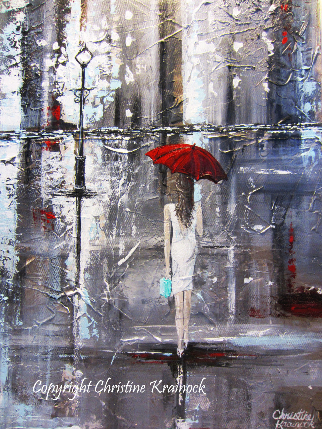 SOLD ORIGINAL Art Abstract Painting Red Umbrella Girl Rain White Grey Modern Textured Urban Tiffany Blue Gift Idea Wall Decor, Christine Krainock - Christine Krainock Art - Contemporary Art by Christine - 6