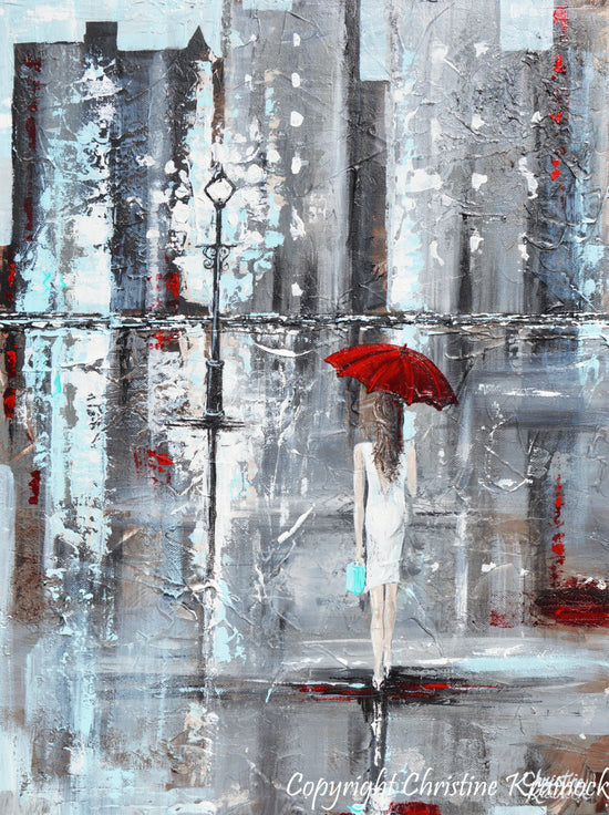 SOLD ORIGINAL Art Abstract Painting Red Umbrella Girl Rain White Grey Modern Textured Urban Tiffany Blue Gift Idea Wall Decor, Christine Krainock - Christine Krainock Art - Contemporary Art by Christine - 4