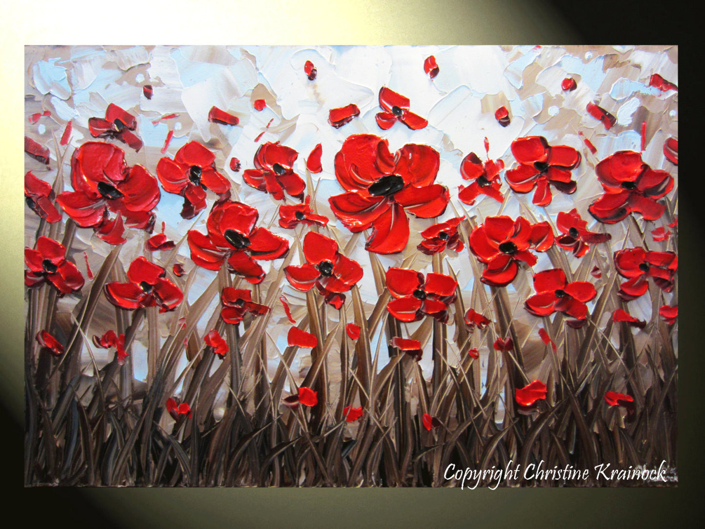 SOLD ORIGINAL Art Abstract Painting Red Poppy Flowers Textured Modern Poppies Palette Knife Blue Brown Floral Large Wall Decor 24x36" -Christine - Christine Krainock Art - Contemporary Art by Christine - 1