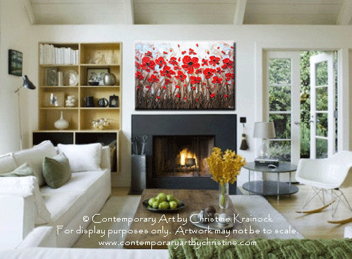 SOLD ORIGINAL Art Abstract Painting Red Poppy Flowers Textured Modern Poppies Palette Knife Blue Brown Floral Large Wall Decor 24x36" -Christine - Christine Krainock Art - Contemporary Art by Christine - 4