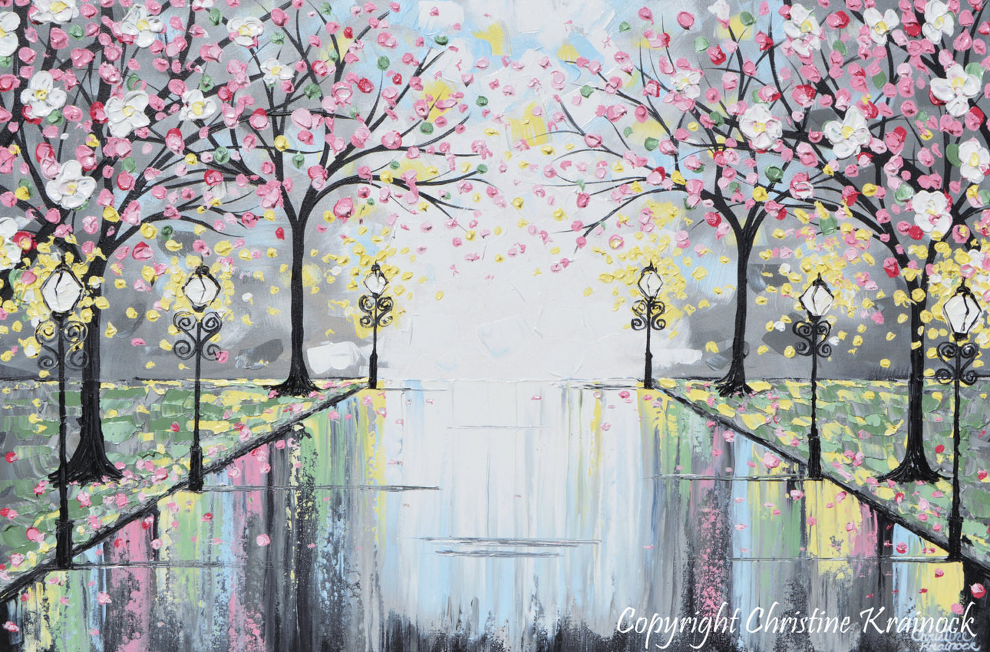 GICLEE PRINT Art Abstract Painting Pink Blossoming Cherry Trees Park Flowers Canvas Prints Grey Decor - Christine Krainock Art - Contemporary Art by Christine - 3