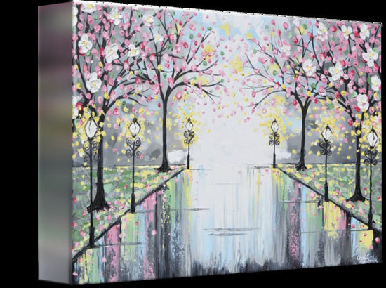 GICLEE PRINT Art Abstract Painting Pink Blossoming Cherry Trees Park Flowers Canvas Prints Grey Decor - Christine Krainock Art - Contemporary Art by Christine - 4