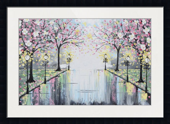 GICLEE PRINT Art Abstract Painting Pink Blossoming Cherry Trees Park Flowers Canvas Prints Grey Decor - Christine Krainock Art - Contemporary Art by Christine - 5