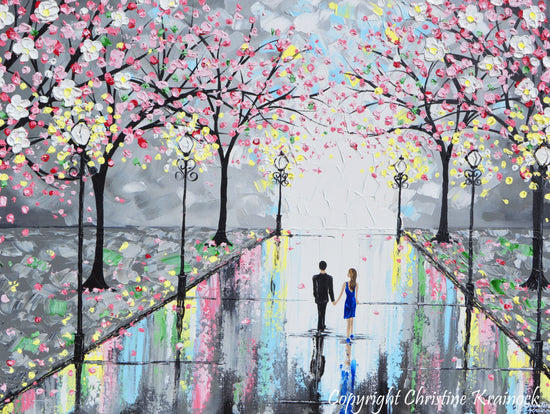 GICLEE PRINT Art Abstract Painting Couple Pink Cherry Trees Blossoms Romantic Canvas Prints Grey - Christine Krainock Art - Contemporary Art by Christine - 3