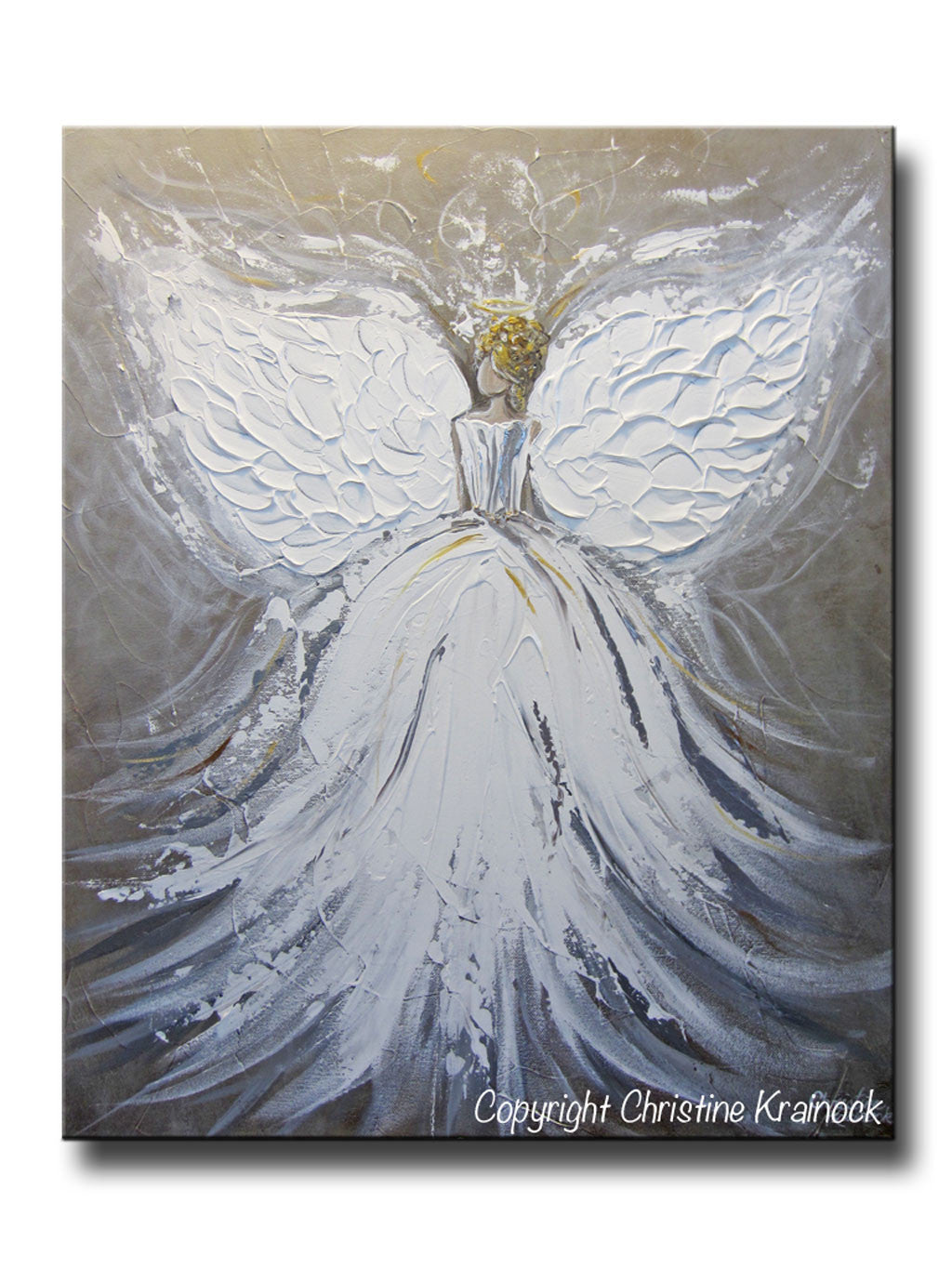 ORIGINAL Abstract Angel Painting White Grey Taupe Guardian Angel Art Textured Spiritual Wall Art 20x24" - Christine Krainock Art - Contemporary Art by Christine - 1