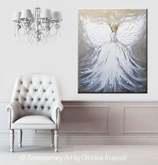 ORIGINAL Abstract Angel Painting White Grey Taupe Guardian Angel Art Textured Spiritual Wall Art 20x24" - Christine Krainock Art - Contemporary Art by Christine - 4