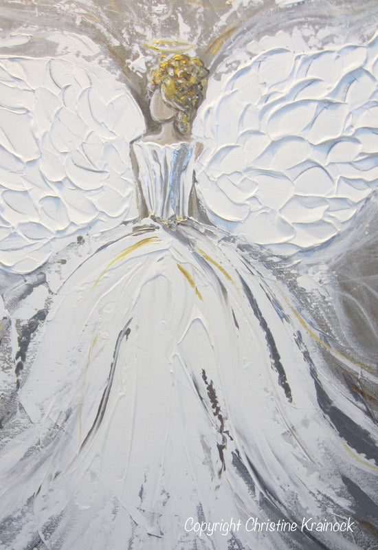 ORIGINAL Abstract Angel Painting White Grey Taupe Guardian Angel Art Textured Spiritual Wall Art 20x24" - Christine Krainock Art - Contemporary Art by Christine - 5
