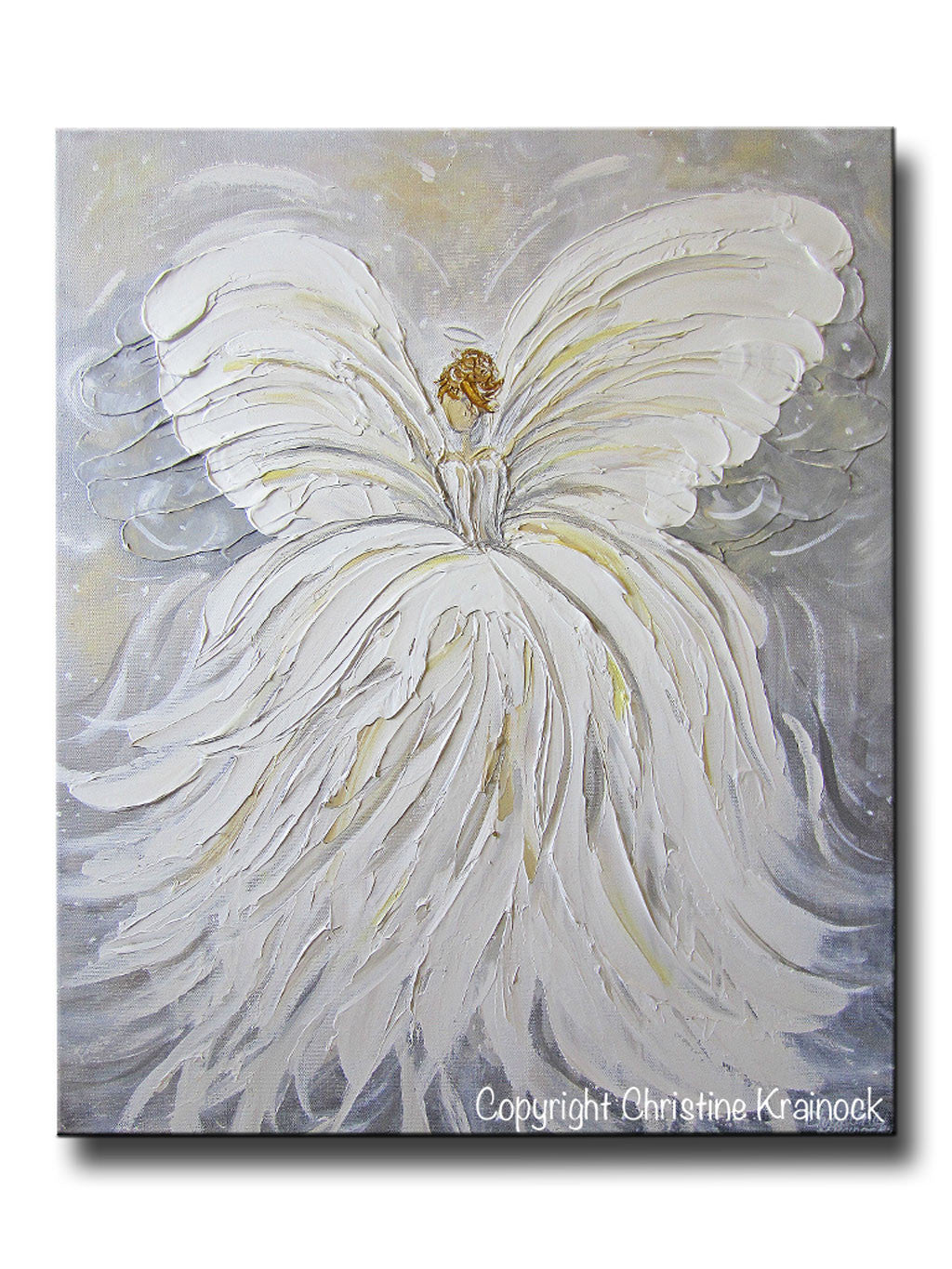 GICLEE PRINT Abstract Angel Painting White Grey Gold Guardian Angel Canvas Print Spiritual Wall Art - Christine Krainock Art - Contemporary Art by Christine - 1