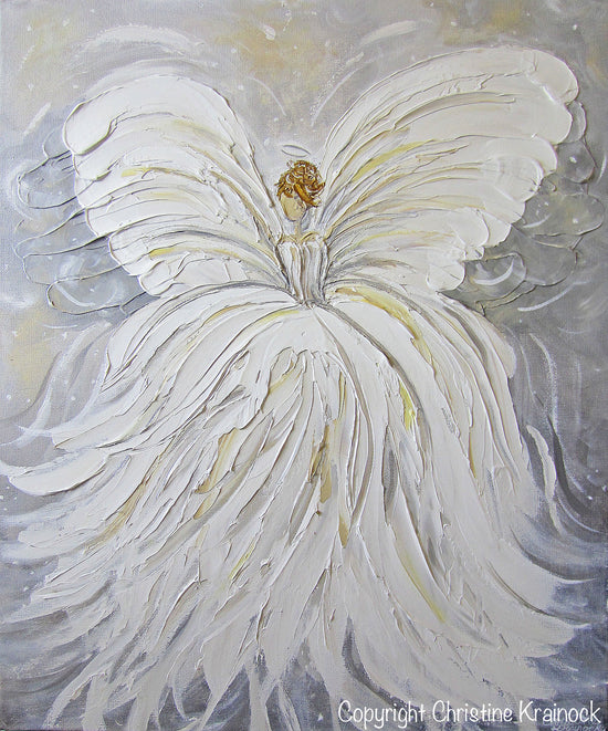 ORIGINAL Abstract Angel Painting White Grey Gold Guardian Angel Artwork Textured Spiritual Wall Art - Christine Krainock Art - Contemporary Art by Christine - 5