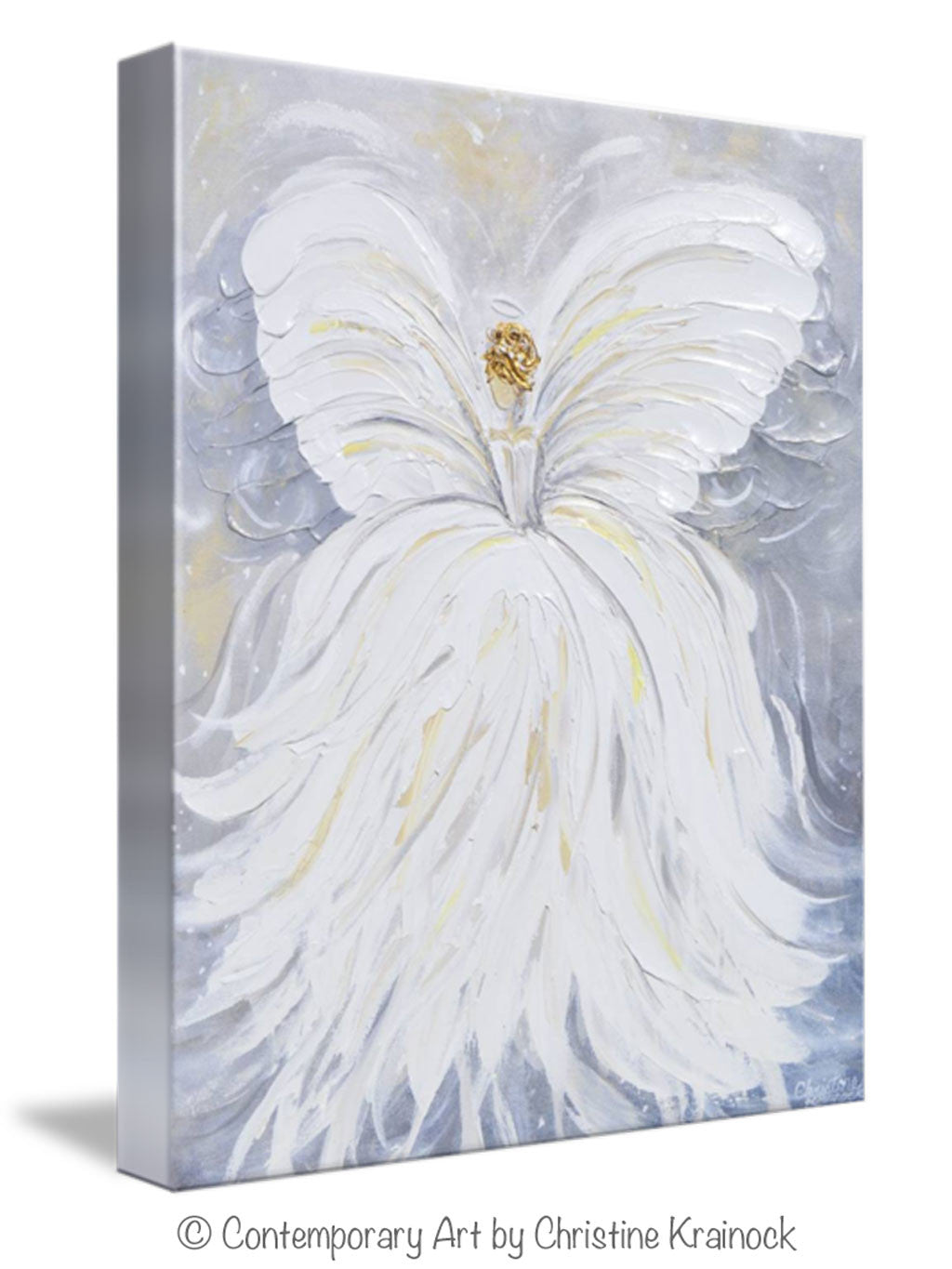 GICLEE PRINT Abstract Angel Painting White Grey Gold Guardian Angel Canvas Print Spiritual Wall Art - Christine Krainock Art - Contemporary Art by Christine - 3