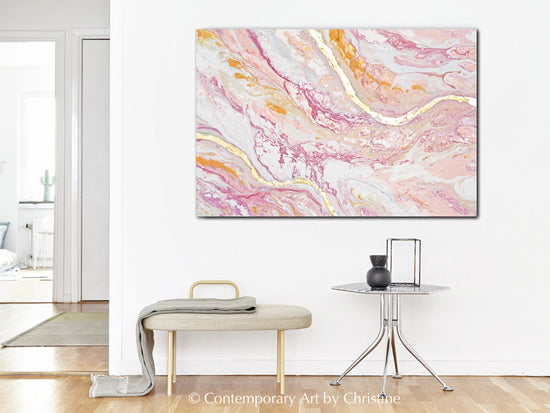 "Tickled Pink" ORIGINAL Art Abstract Painting Pink Peach White Rose Gold Leaf Coastal 24x36"