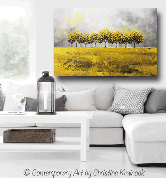 ORIGINAL Art Abstract Yellow Grey Painting Tree Landscape Large Canvas Textured Coastal Rain - Christine Krainock Art - Contemporary Art by Christine - 2