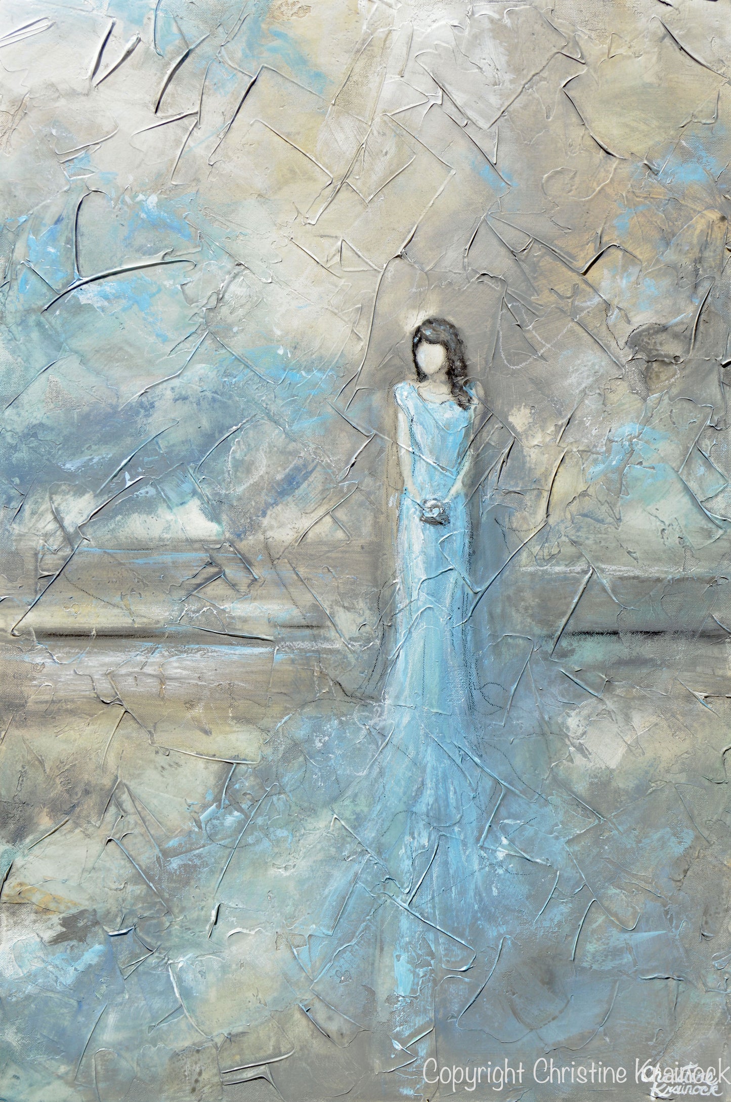 ORIGINAL Abstract Figurative Painting Woman Blue Dress Textured Blue White Grey Home Decor 24x36"