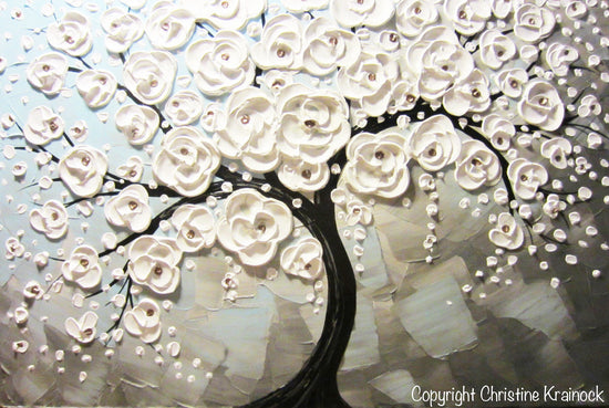 ORIGINAL Art Abstract Painting Blossoming Cherry Tree White Flowers Textured Blue Grey - Christine Krainock Art - Contemporary Art by Christine - 5