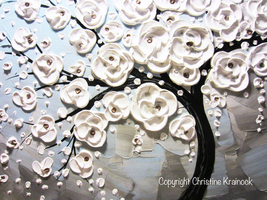 ORIGINAL Art Abstract Painting Blossoming Cherry Tree White Flowers Textured Blue Grey - Christine Krainock Art - Contemporary Art by Christine - 4