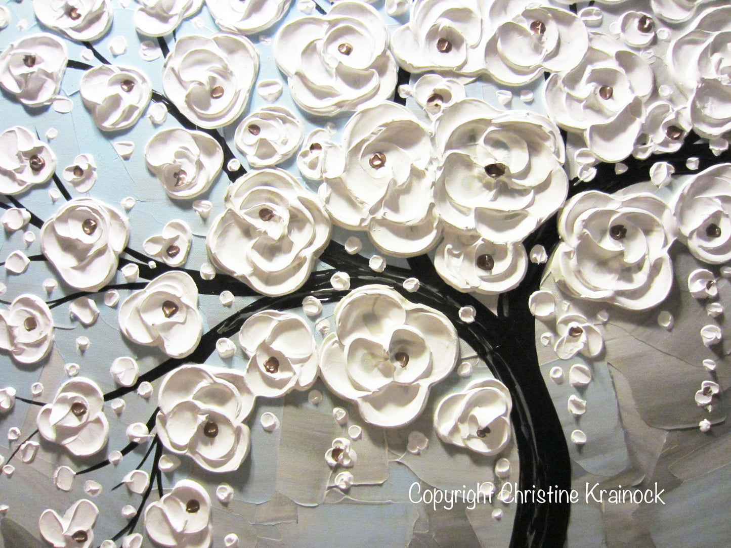 ORIGINAL Art Abstract Painting Blossoming Cherry Tree White Flowers Textured Blue Grey - Christine Krainock Art - Contemporary Art by Christine - 6