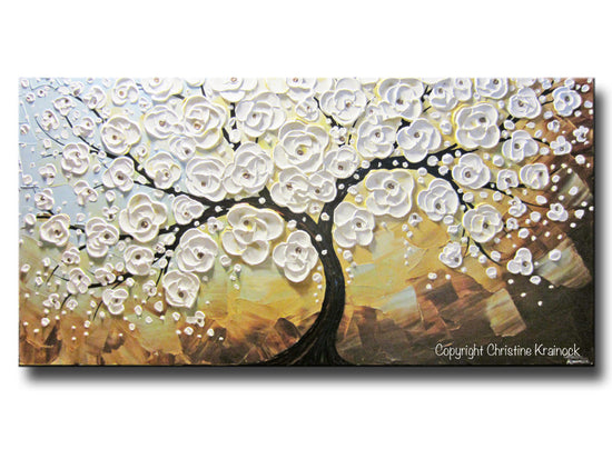 ORIGINAL Art Abstract Painting Blossoming Cherry Tree Textured White Flowers Wall Art Blue Brown Gold 24x48"
