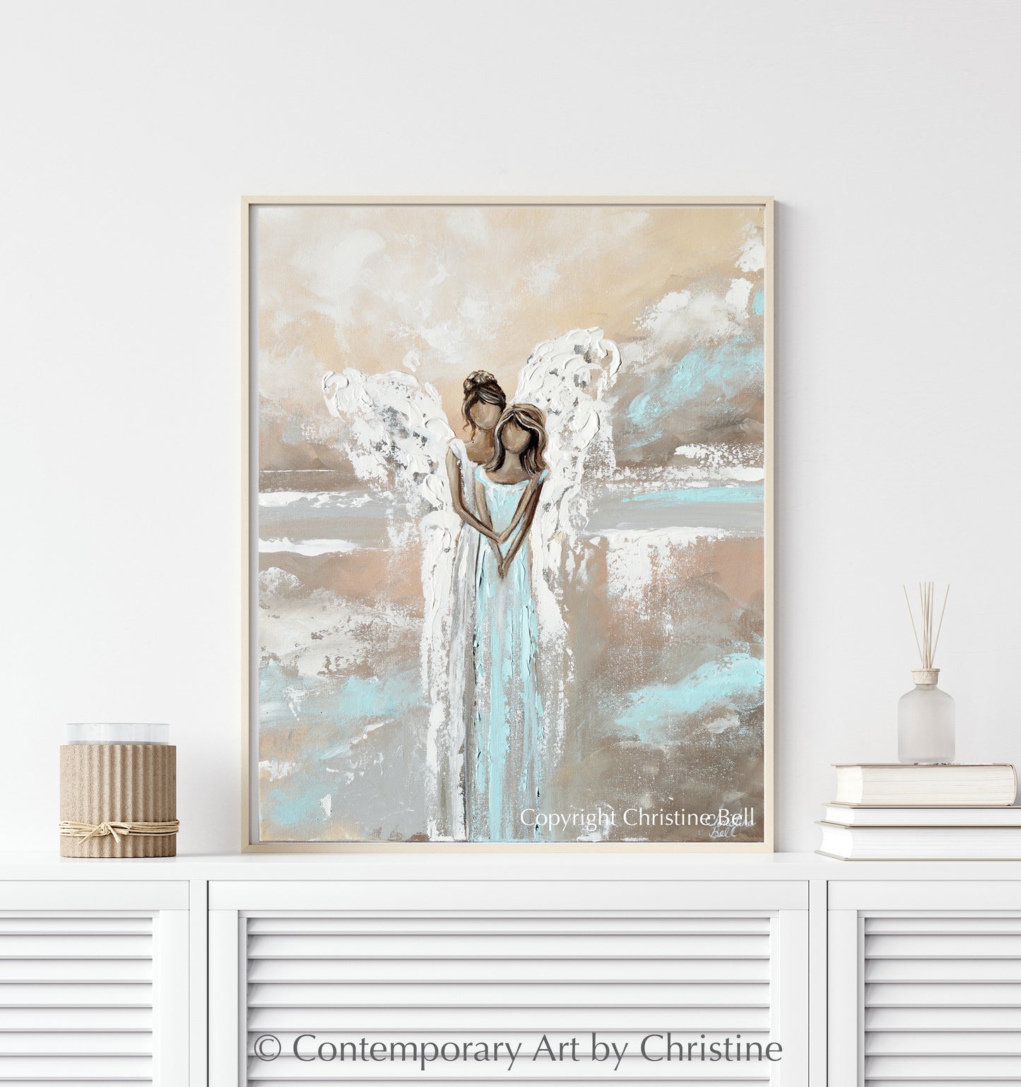 Original Angel Painting Blue Grey White Gold I've Got You Contemporary Spiritual Fine Art Holiday Home Decor Artist Christine Bell